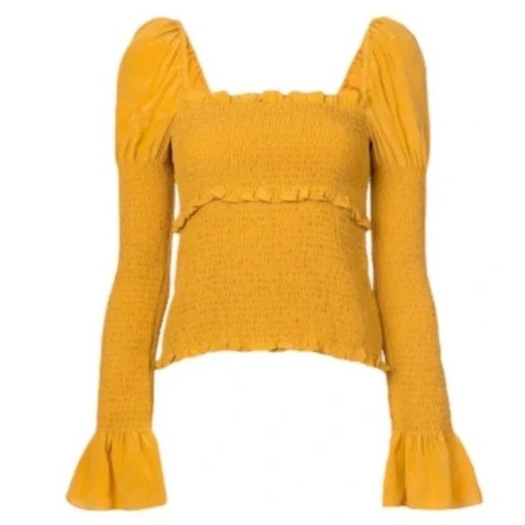 EUC Cinq a Sept 100% Silk Ellis Puff Shoulder Smocked Marigold Yellow Blouse XS‍ - Picture 7 of 11